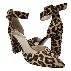 Michael Shannon Romina Calf Hair Leopard Ankle Strap Pumps High Heels Women 10